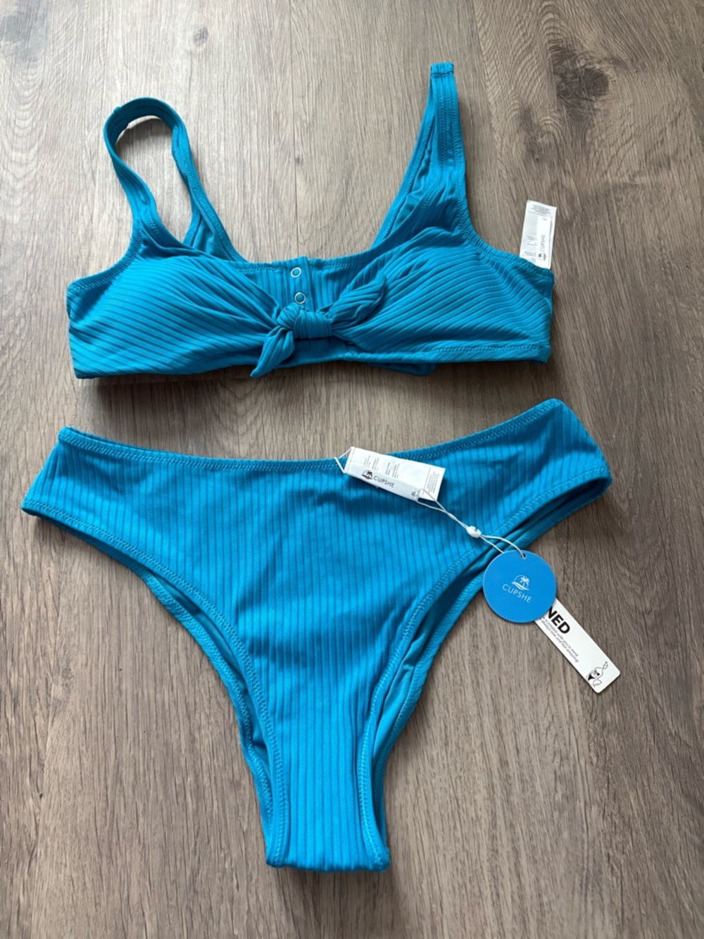 Cupshe Teal Ribbed Knot-Front Bikini Set